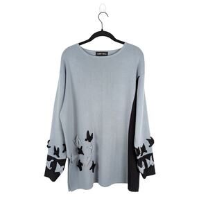 Lauren Vidal Black Gray Color Block Wool Tunic Sweater Sz L Artsy Abstract‎ Bird